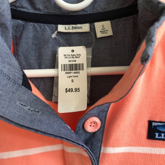 L.L. Bean Women's Soft Cotton Rugby Henley Peach White Petite Small L/S - Picture 2 of 6